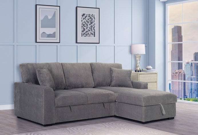 8013-2PC 2 pc Clarke light grey corduroy fabric sectional sofa with pull out sleep area and storage chaise
