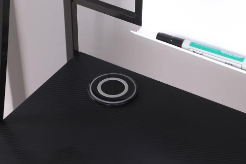 Coaster 801404 Ebern designs Jessie gunmetal coated finish metal frame and black top computer desk with wireless charging dock