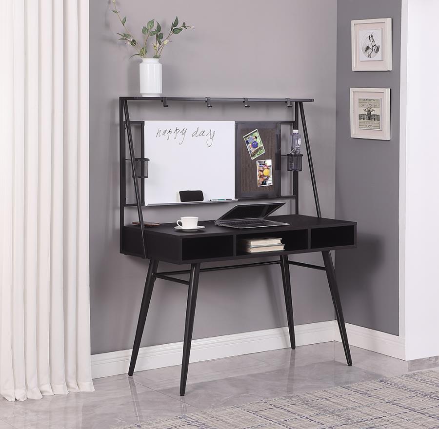 Coaster 801404 Ebern designs Jessie gunmetal coated finish metal frame and black top computer desk with wireless charging dock