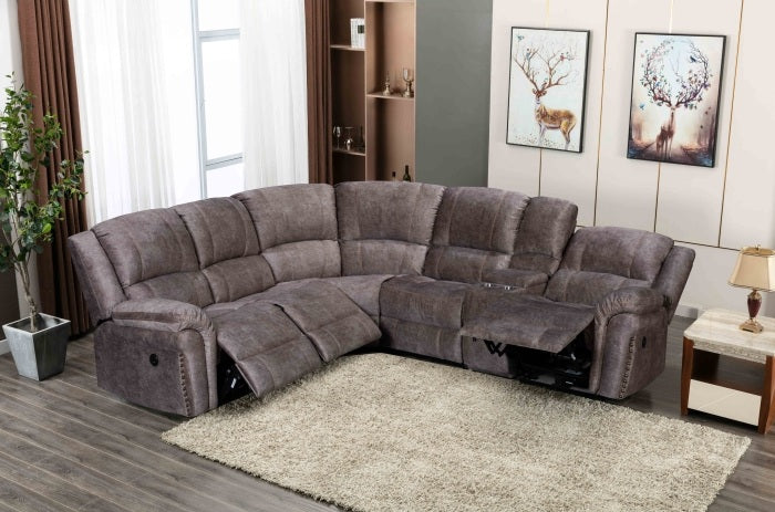 8018-BRN 3 pc Latitude run herald brown fabric power motion sectional sofa with consoles and USB power plugs