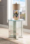 Acme 80217 Glam nysa mirrored accents and faux crystals pedestal 21" Dia. round glass top end table plant stand
