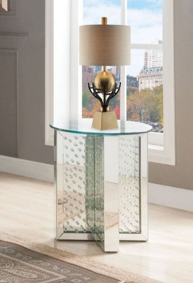Acme 80217 Glam nysa mirrored accents and faux crystals pedestal 21" Dia. round glass top end table plant stand