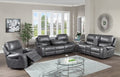 8025-3PC 3 pc Grey faux leather sofa, loveseat and chair set with standard motion recliners USB ports and charging