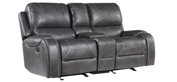 8025-3PC 3 pc Grey faux leather sofa, loveseat and chair set with standard motion recliners USB ports and charging