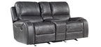 8025-3PC 3 pc Grey faux leather sofa, loveseat and chair set with standard motion recliners USB ports and charging