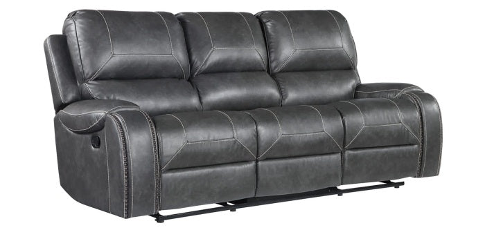 8025-3PC 3 pc Grey faux leather sofa, loveseat and chair set with standard motion recliners USB ports and charging