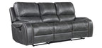 8025-3PC 3 pc Grey faux leather sofa, loveseat and chair set with standard motion recliners USB ports and charging