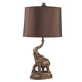 8025 Antique gold / brown finish poly resin ornate elephant table lamp with round shade