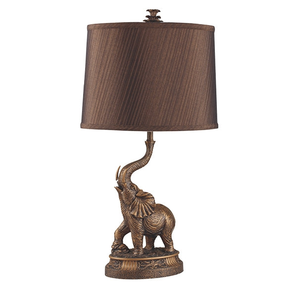 8025 Antique gold / brown finish poly resin ornate elephant table lamp with round shade