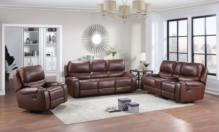 8026-3PC 3 pc Brown faux leather sofa, loveseat and chair set with standard motion recliners USB ports and charging
