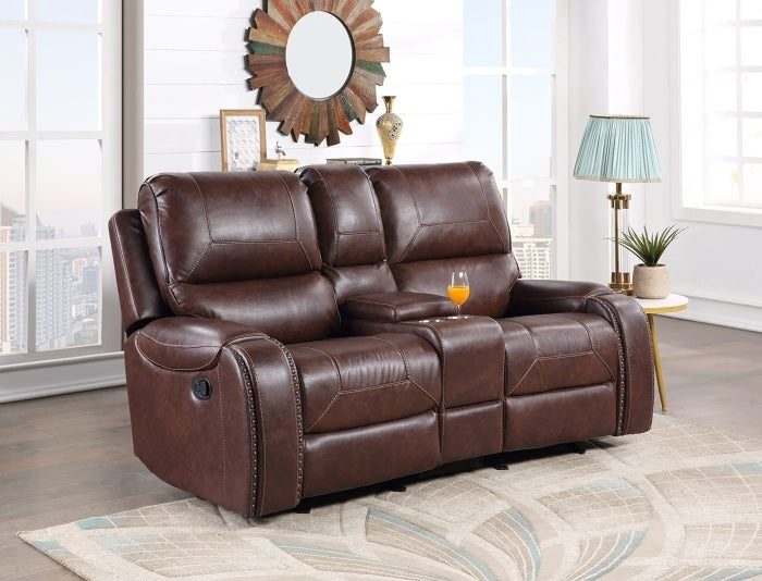 8026-3PC 3 pc Brown faux leather sofa, loveseat and chair set with standard motion recliners USB ports and charging