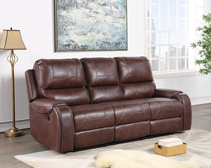 8026-3PC 3 pc Brown faux leather sofa, loveseat and chair set with standard motion recliners USB ports and charging