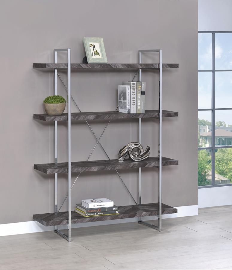 Coaster 802613 Gracie oaks inglestone Frisco four tier chrome metal frame rustic grey bookcase shelf