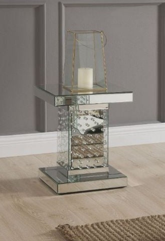Acme 80284 Glam nysa mirrored accents and faux crystals pedestal glass top end table plant stand