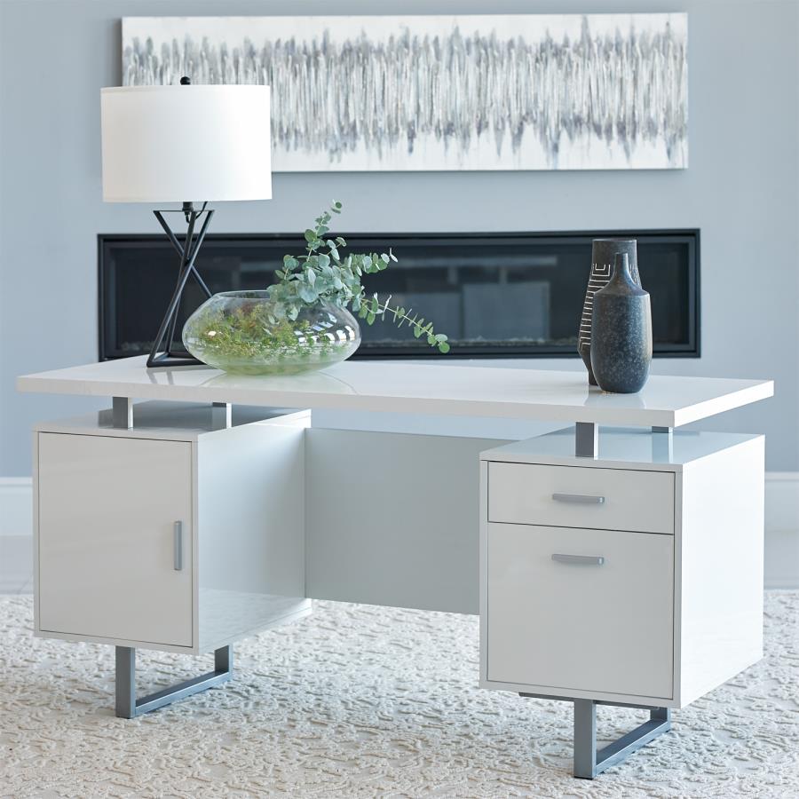 Coaster 803521 Orren ellis onancock lawtey high gloss white finish wood silver metal frame office desk