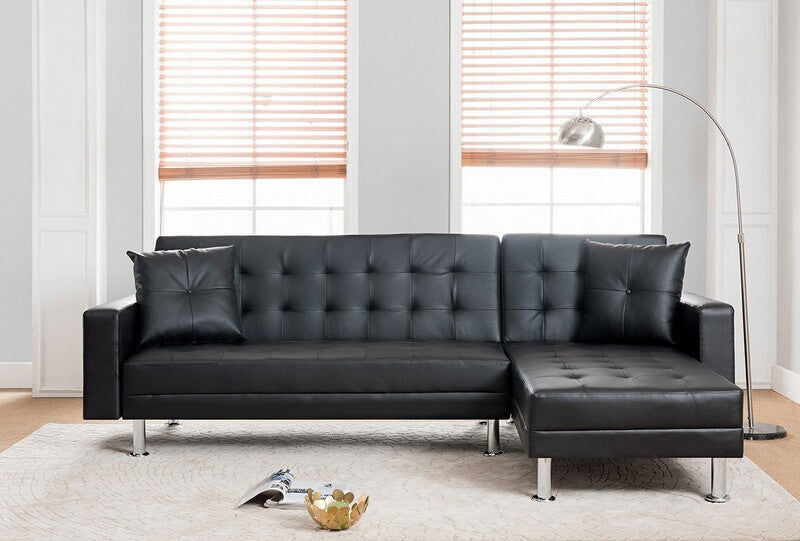 8036-BK 2 pc Taylorann jett nuttall modern style black faux leather sectional sofa reversible chaise