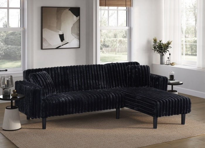 8040 2 pc Black corduroy fabric sectional sofa reversible chaise folding backs sofa