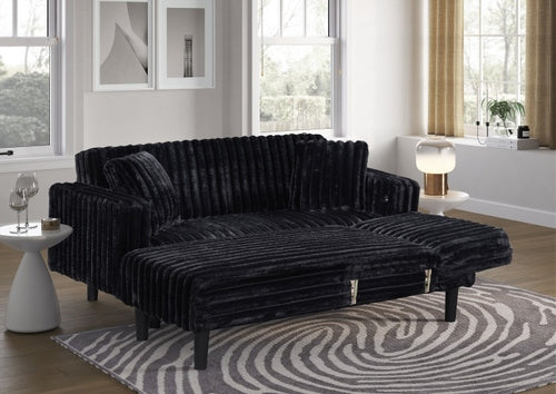 2-Piece Black Corduroy Sectional Sofa with Reversible Chaise, Folding Sleep Area & USB Ports - 8040