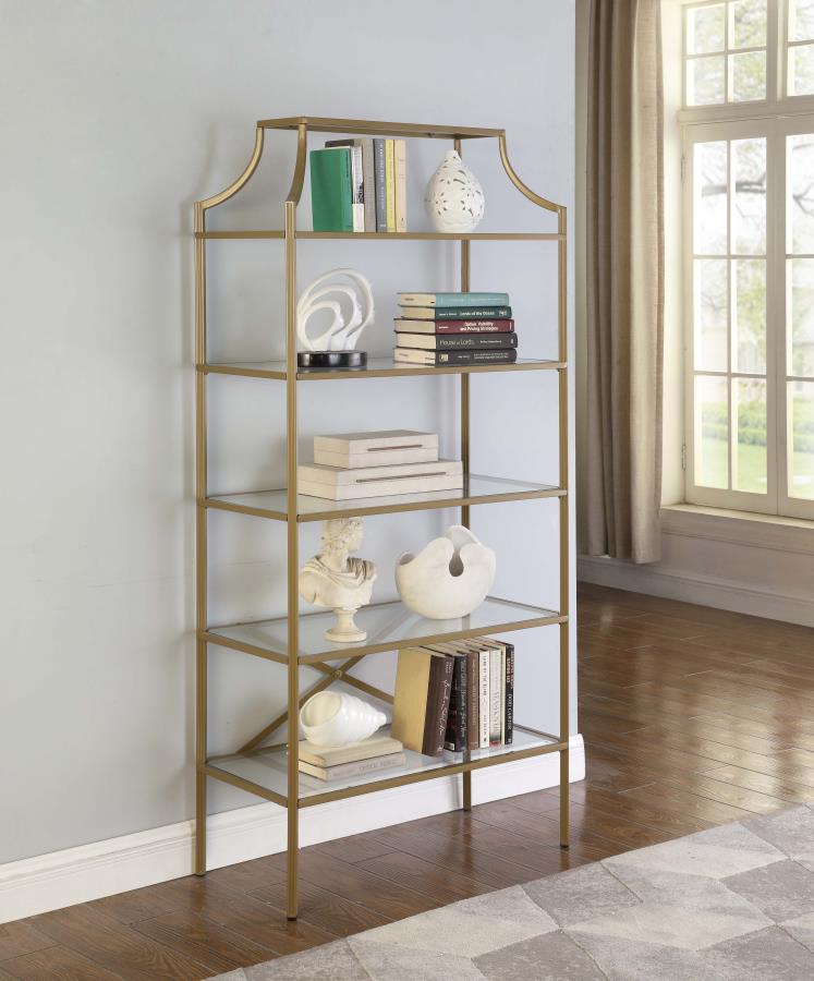 Coaster 804393 Mercer 41 ayotte 5 tier matte gold finish metal frame and glass shelves book case