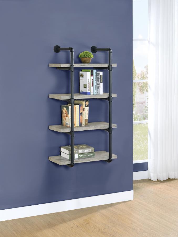 Coaster 804416 Carbon loft agwan grey driftwood finish wood black metal frame 4 tier wall mount shelf