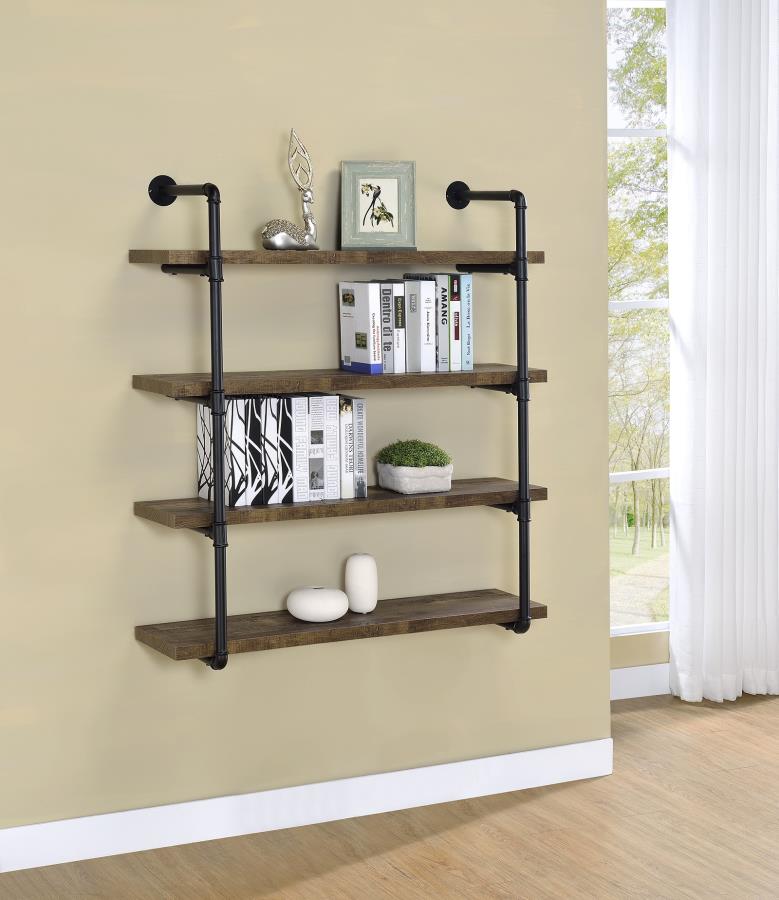 Coaster 804417 Carbon loft agwan rustic oak finish wood black metal frame 4 tier wall mount shelf