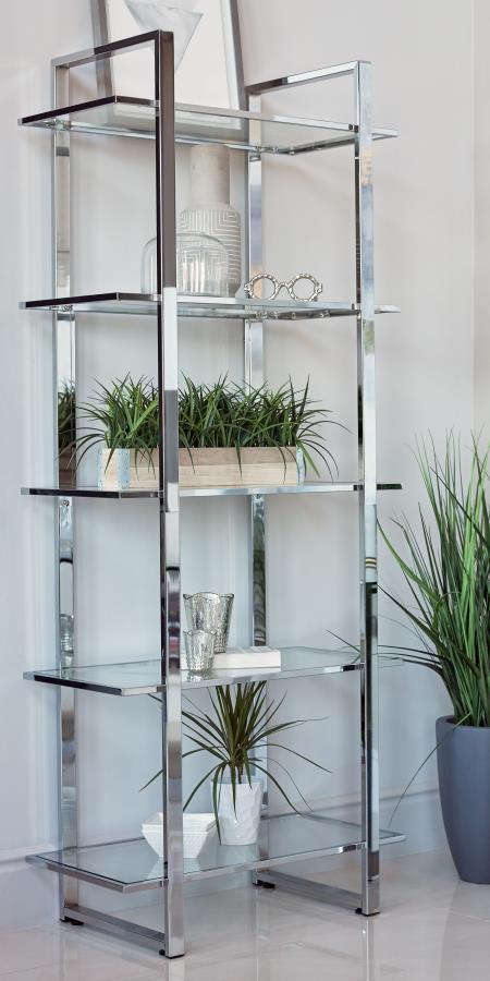 Coaster 805538 Wade logan ebern designs polished chrome metal finish shelf unit with glass shelves
