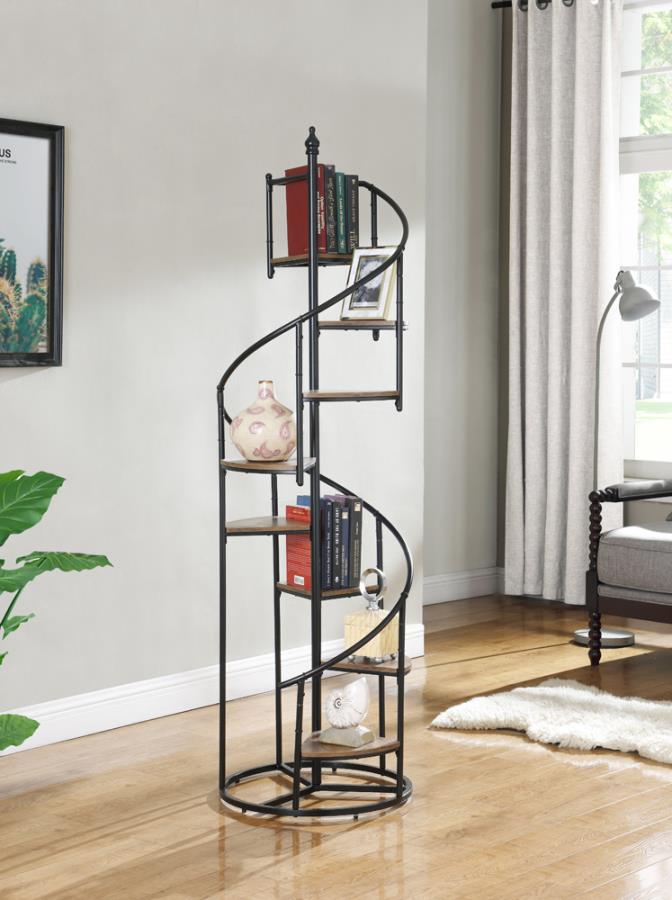 Coaster 805675 17 stories comptche rustic brown finish wood and black metal finish spiral stair case shaped shelf