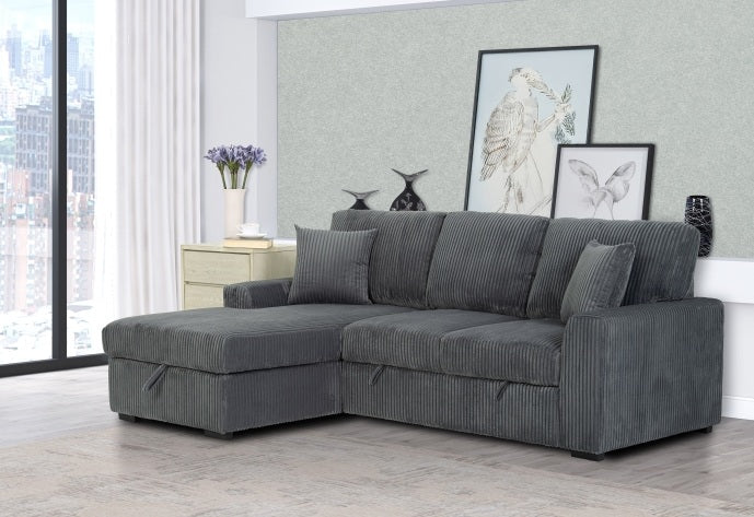 Clarke 2-Piece Dark Grey Corduroy Sectional Sofa with Pull-Out Sleeper & Storage Chaise - 8060-2PC