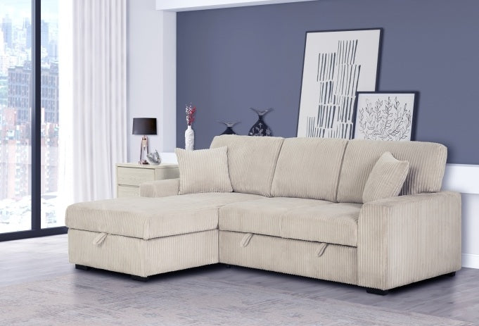 Clarke 2-Piece Beige Corduroy Sectional Sofa with Pull-Out Sleeper & Storage Chaise - 8061-2PC