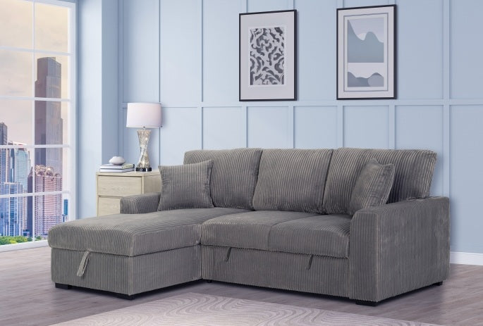 8062-2PC 2 pc Clarke grey corduroy fabric sectional sofa with pull out sleep area and storage chaise