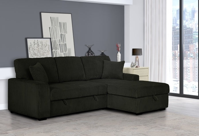 Clarke 2-Piece Black Corduroy Sectional Sofa with Pull-Out Sleeper & Storage Chaise - 8063-2PC