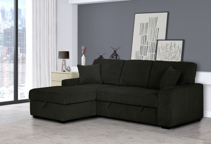 Clarke 2-Piece Black Corduroy Sectional Sofa with Pull-Out Sleeper & Storage Chaise - 8065-2PC