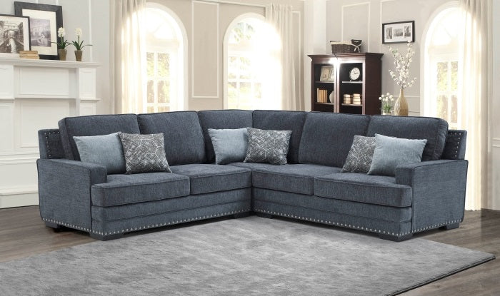 3-Piece Dark Grey Chenille Fabric Sectional Sofa with Nail Head Trim, Pocket Spring Seating & Throw Pillows - 8070