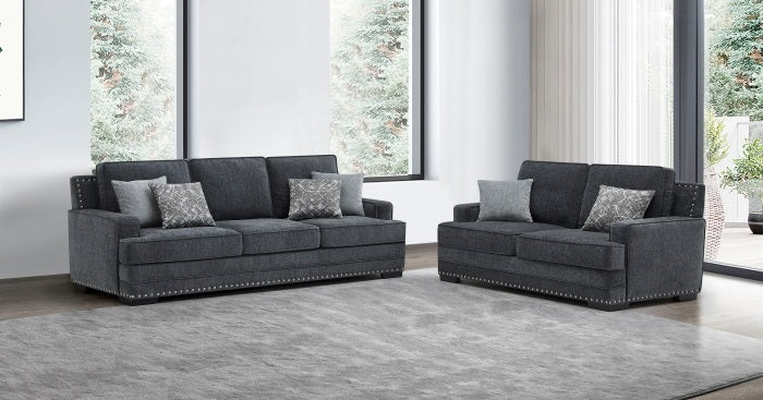 8073 2 pc dark grey chenille fabric sofa and love seat set with nail head trim accents pocket spring seating