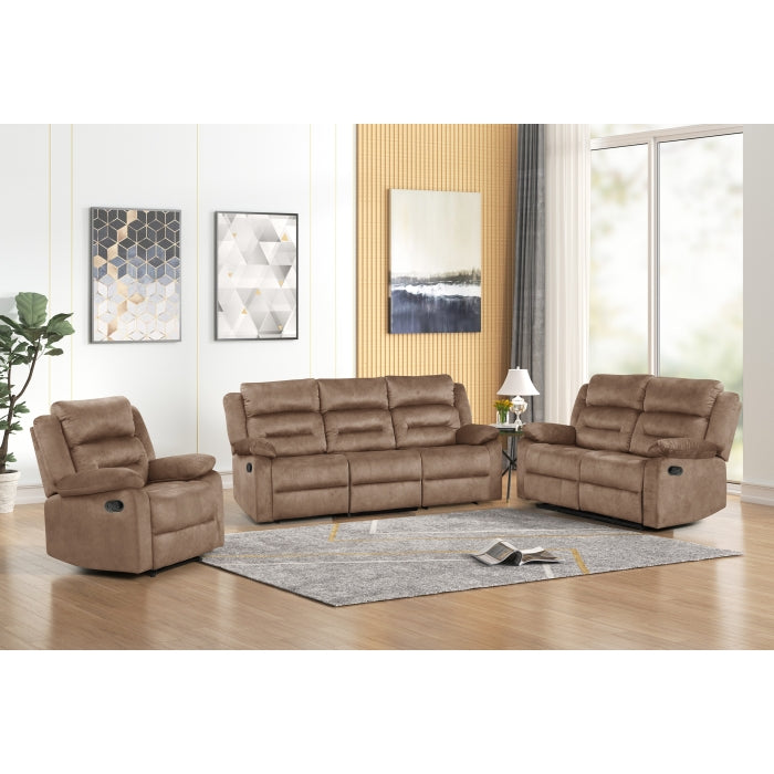 8079 3 pc Tan fabric sofa,  loveseat and chair set with standard motion recliners