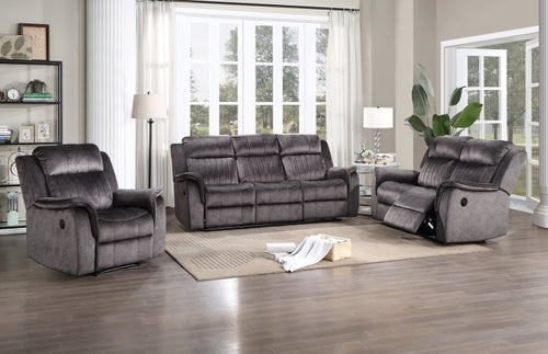 3-Piece Dark Grey Faux Suede Power Motion Sofa, Loveseat & Recliner Set with Drop-Down Tray Table - 8098-3PC