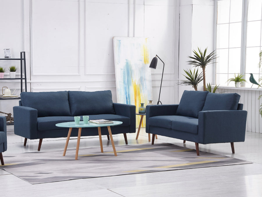 Overturf 2-Piece Navy Blue Mid Century Modern Linen-Like Fabric Sofa & Loveseat Set - 8125-2PC