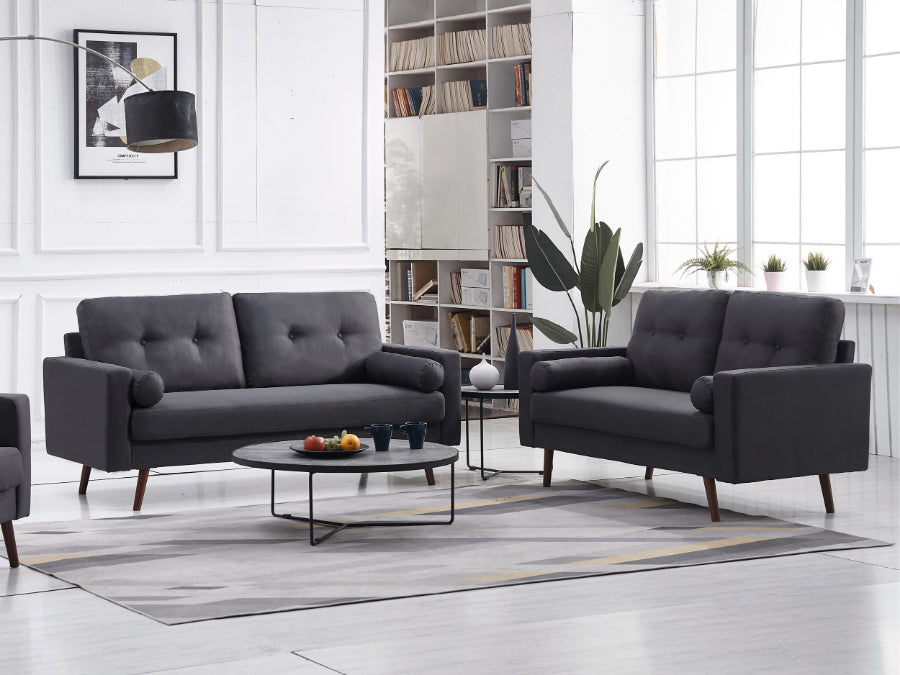 Espana 2-Piece Dark Grey Mid Century Modern Linen-Like Fabric Sofa & Loveseat Set - 8131-2PC