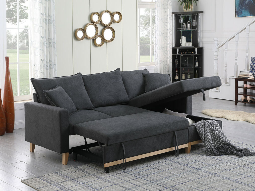 81344 Colton dark gray faux linen woven fabric reversible storage chaise pop up sleep area sectional sofa