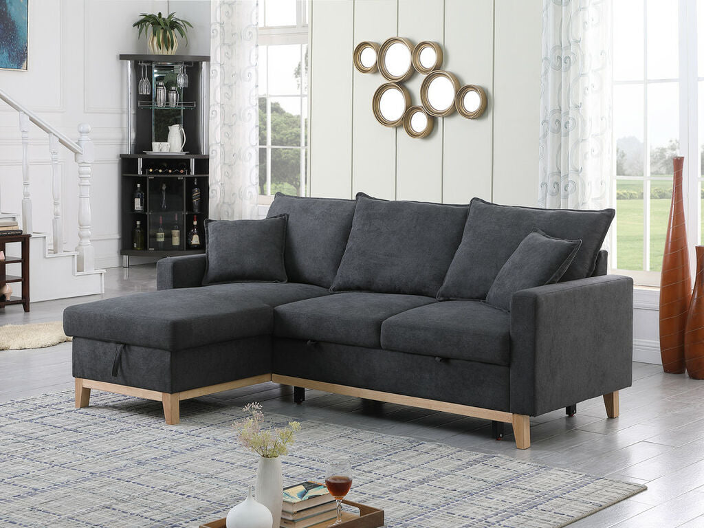 81344 Colton dark gray faux linen woven fabric reversible storage chaise pop up sleep area sectional sofa