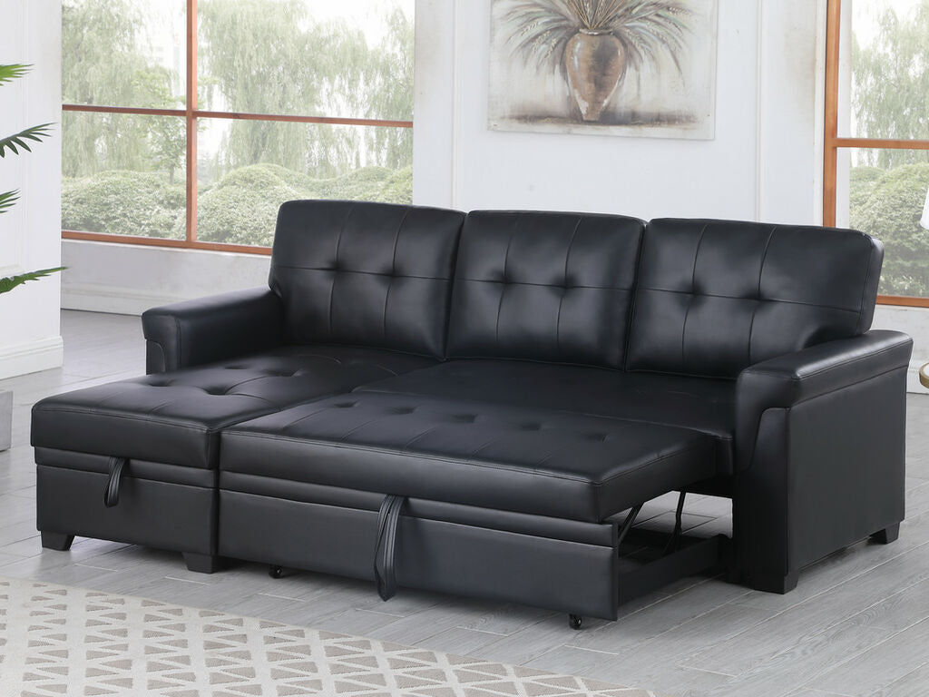81347 Lexi black vegan leather reversible storage chaise pop up sleep area sectional sofa