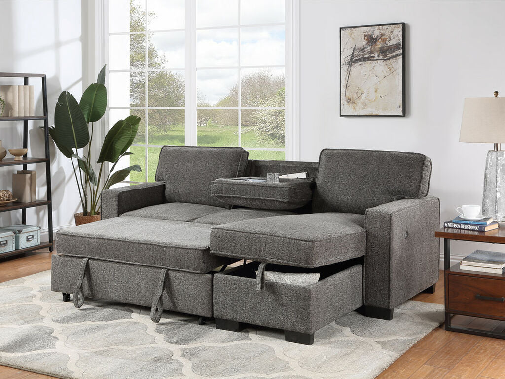 81353 Estelle dark grey fabric convertible pop up sleep area and reversible pop up storage chaise USB ports sectional sofa