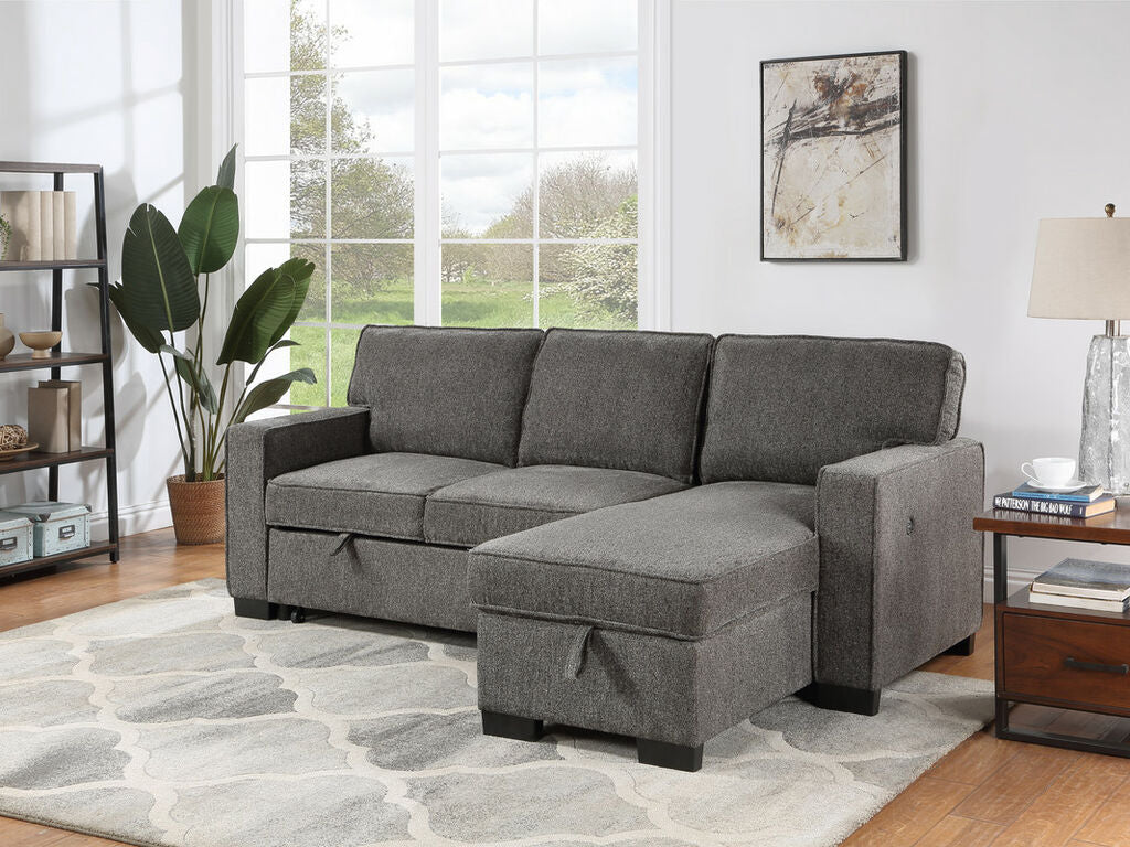 81353 Estelle dark grey fabric convertible pop up sleep area and reversible pop up storage chaise USB ports sectional sofa
