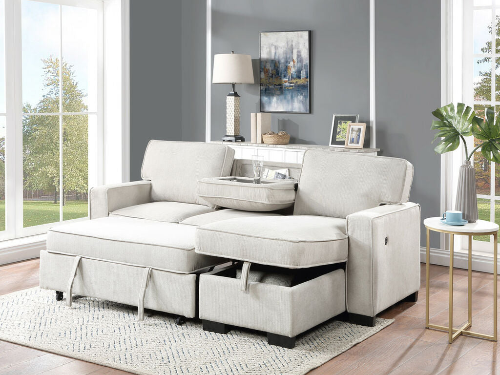 81353BE Estelle beige fabric convertible pop up sleep area and reversible pop up storage chaise USB ports sectional sofa