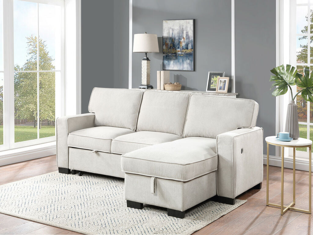 81353BE Estelle beige fabric convertible pop up sleep area and reversible pop up storage chaise USB ports sectional sofa