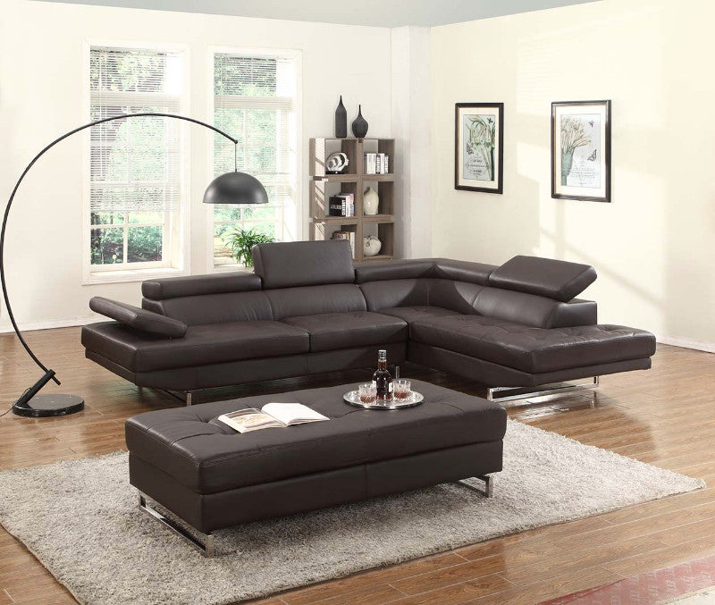 Global United 8136BR-2PC 2 pc Latitude run oleander brown leather gel sectional sofa with adjustable headrests and arm with chrome legs