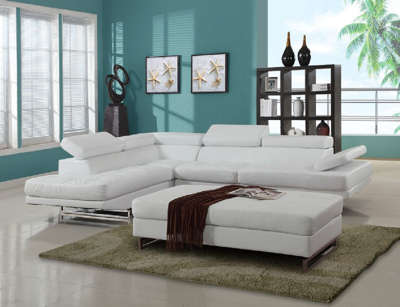Global United 8136WH-2PC-LAF 2 pc Latitude run oleander white leather gel sectional sofa adjustable headrests with LAF chaise
