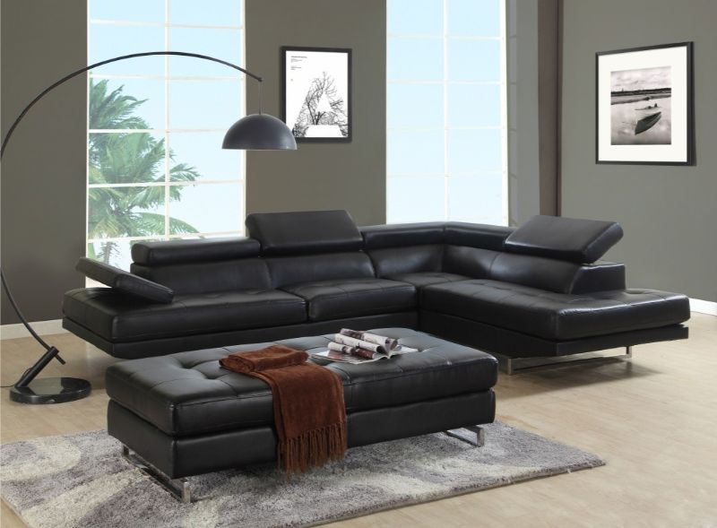 Global United 8136BK-2PC 2 pc Latitude run oleander black leather gel sectional sofa adjustable headrests with chaise