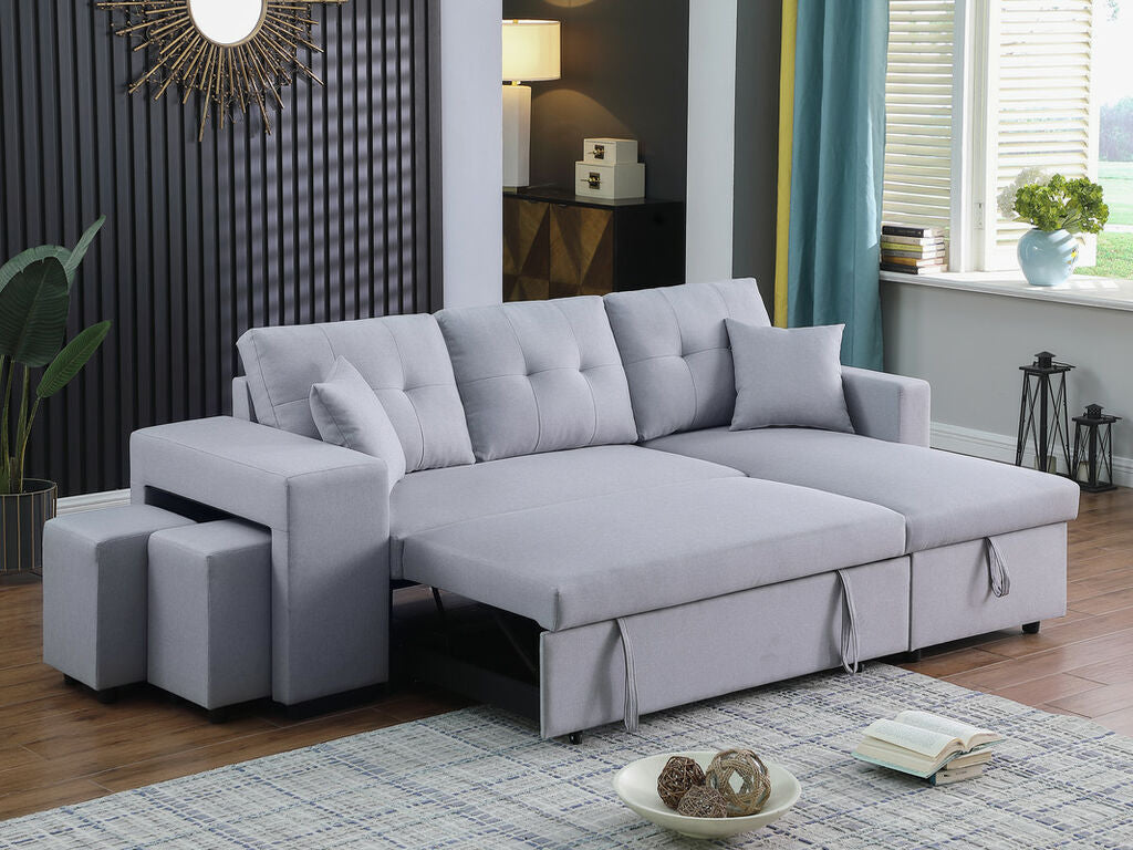 81366 Dennis light grey linen like fabric convertible pop up sleep area and reversible pop up storage chaise sectional sofa with ottomans