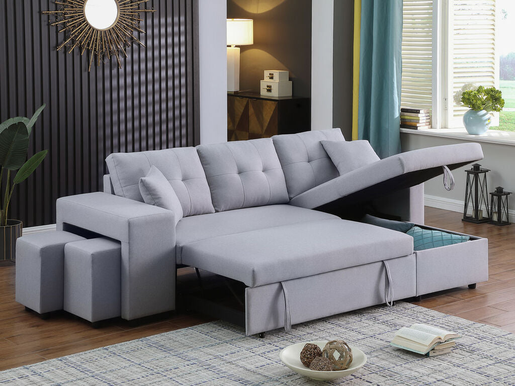 81366 Dennis light grey linen like fabric convertible pop up sleep area and reversible pop up storage chaise sectional sofa with ottomans